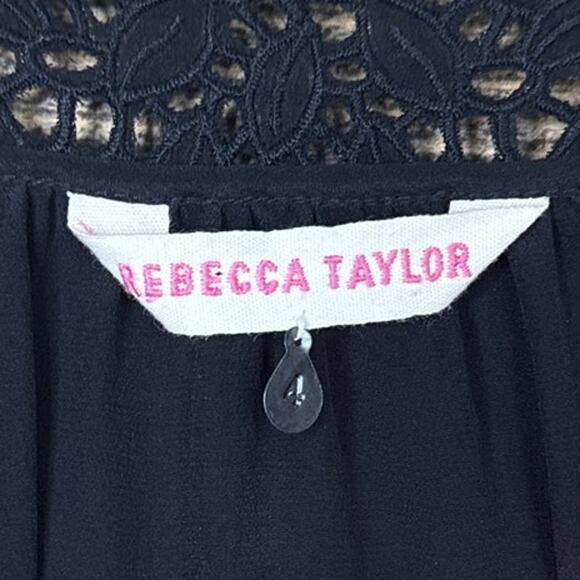 Rebecca Taylor 100% Silk Solid Black Top Eyelet Neck Cropped Bell Sleeve Size 4 - Picture 5 of 10